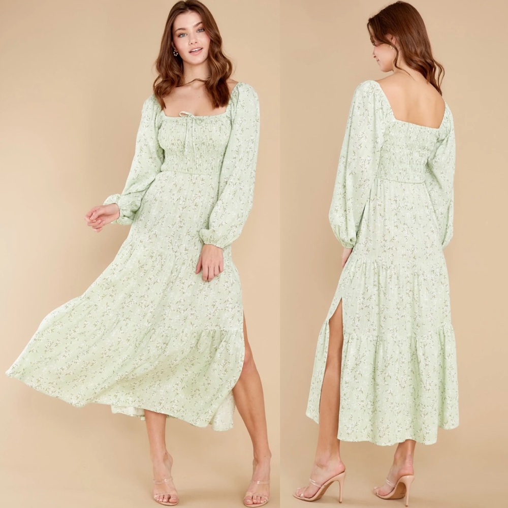 MinkPink | NWT Maxi Long Puff Sleeve Smock Floral Green Dress -XS